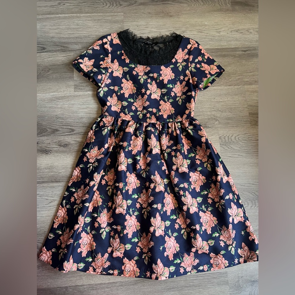 RUE DU MAIL Full Skirt FLORAL Short sleeve Blue Pink DRESS Sz 6